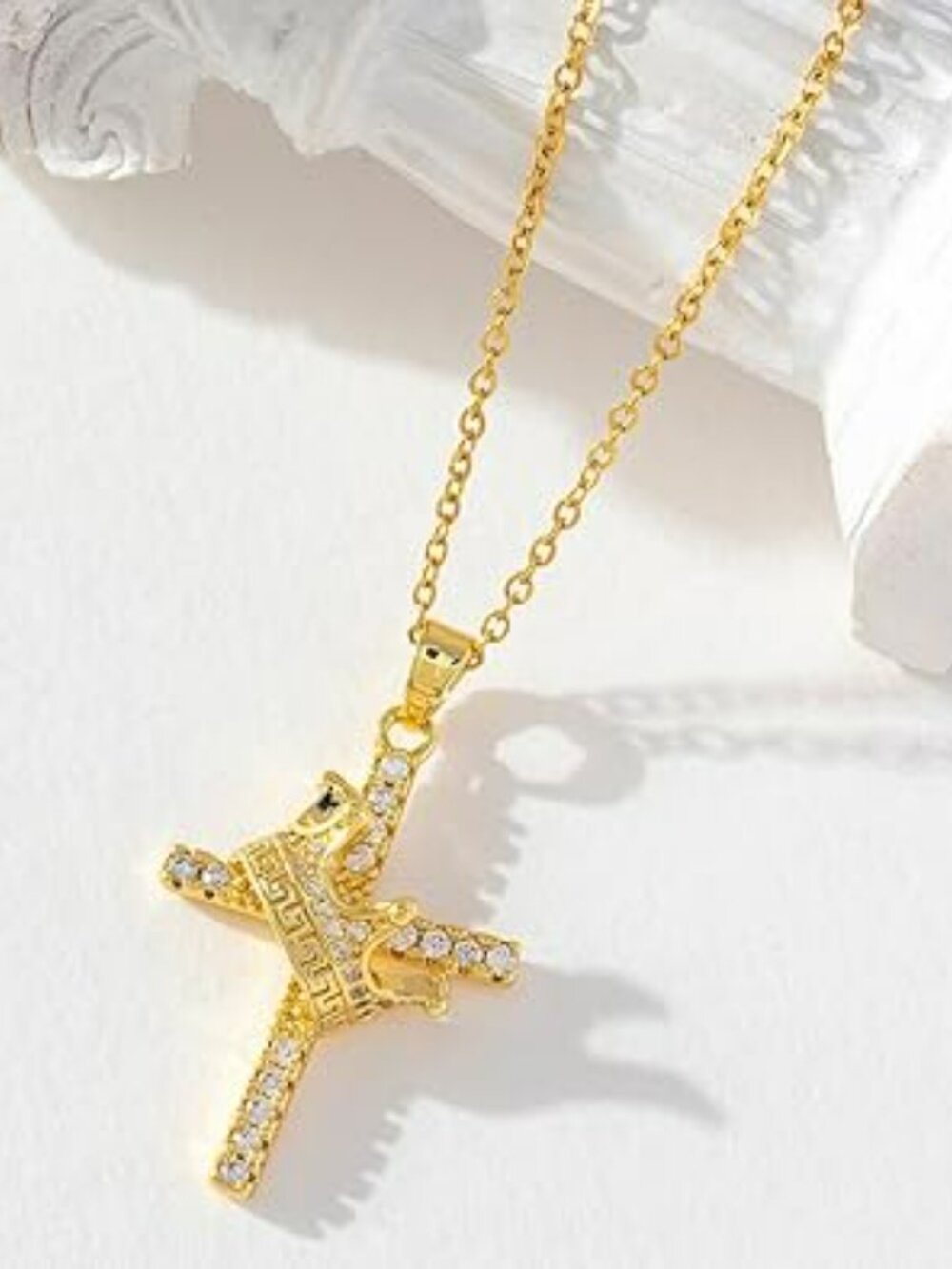 NEW Crown Cross Necklace for Women 14k‎ Gold Zircon Cross Pendant Religious